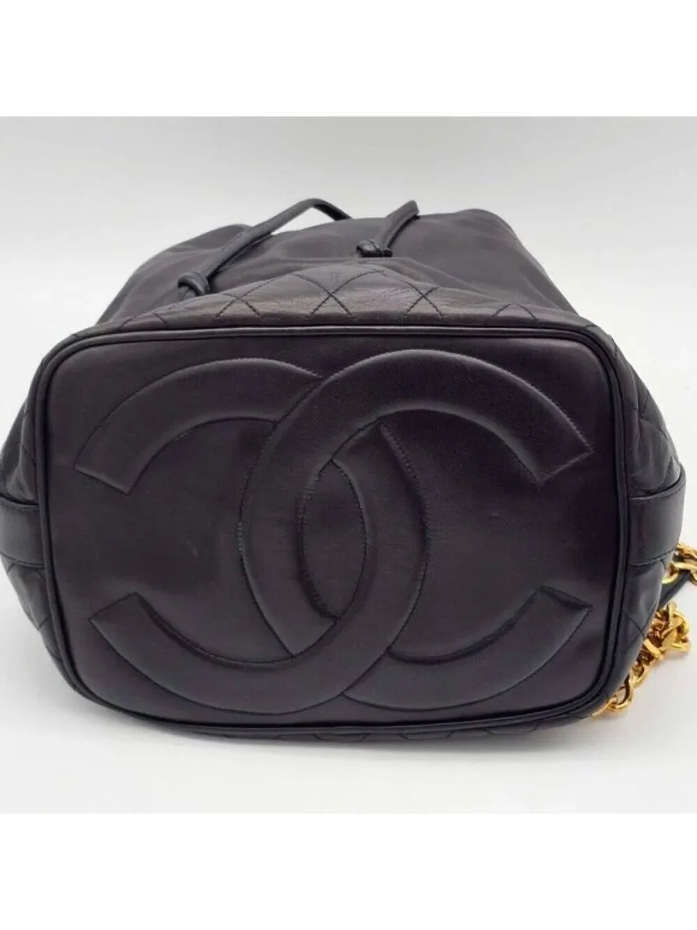 Authentic Chanel Drawstring Bucket Bag Black Leather Gold Chain CC Logo